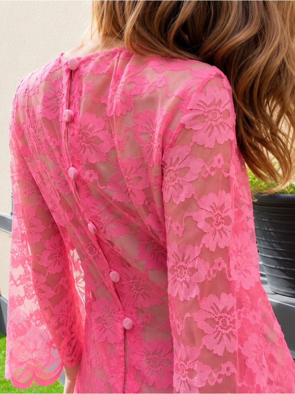 Vintage 60s Hot Pink Floral Lace Shift Mini Dress Sheer Bell Sleeve Slip XS / S - Picture 7 of 17